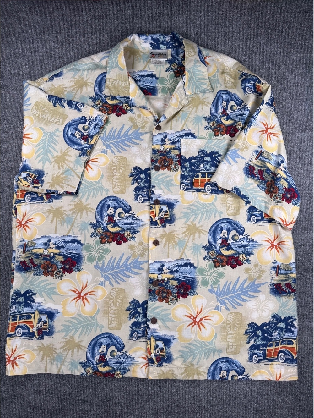 Disney Vintage Mickey Mouse Hawaiian Shirt Surf WoodyWagon Aloha Rayon Y2K Large